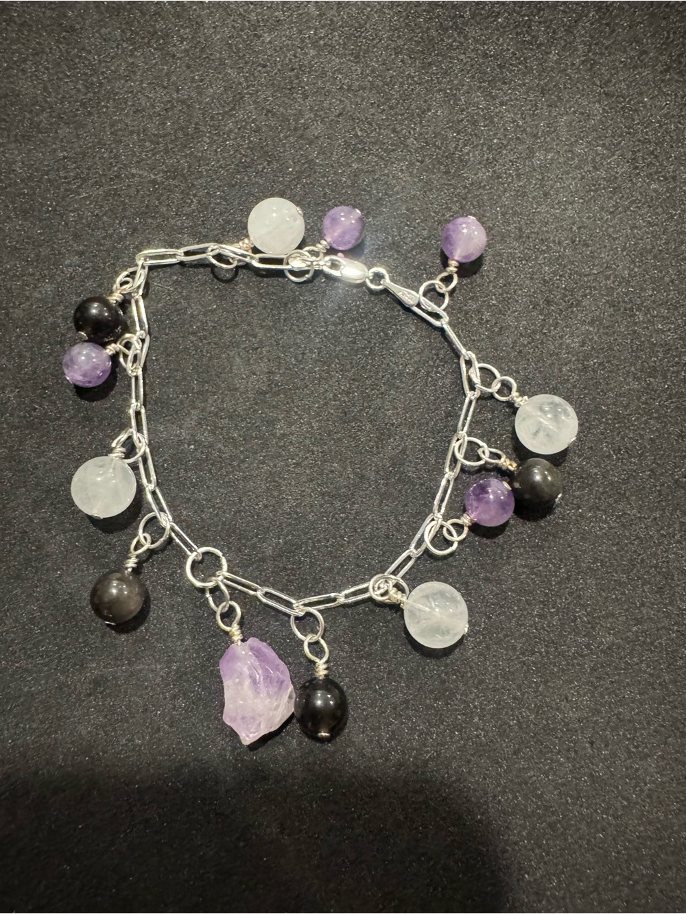 Handmade Amethyst, silver obsidian & Clear Quartz Charm Bracelet - Women Jewelry